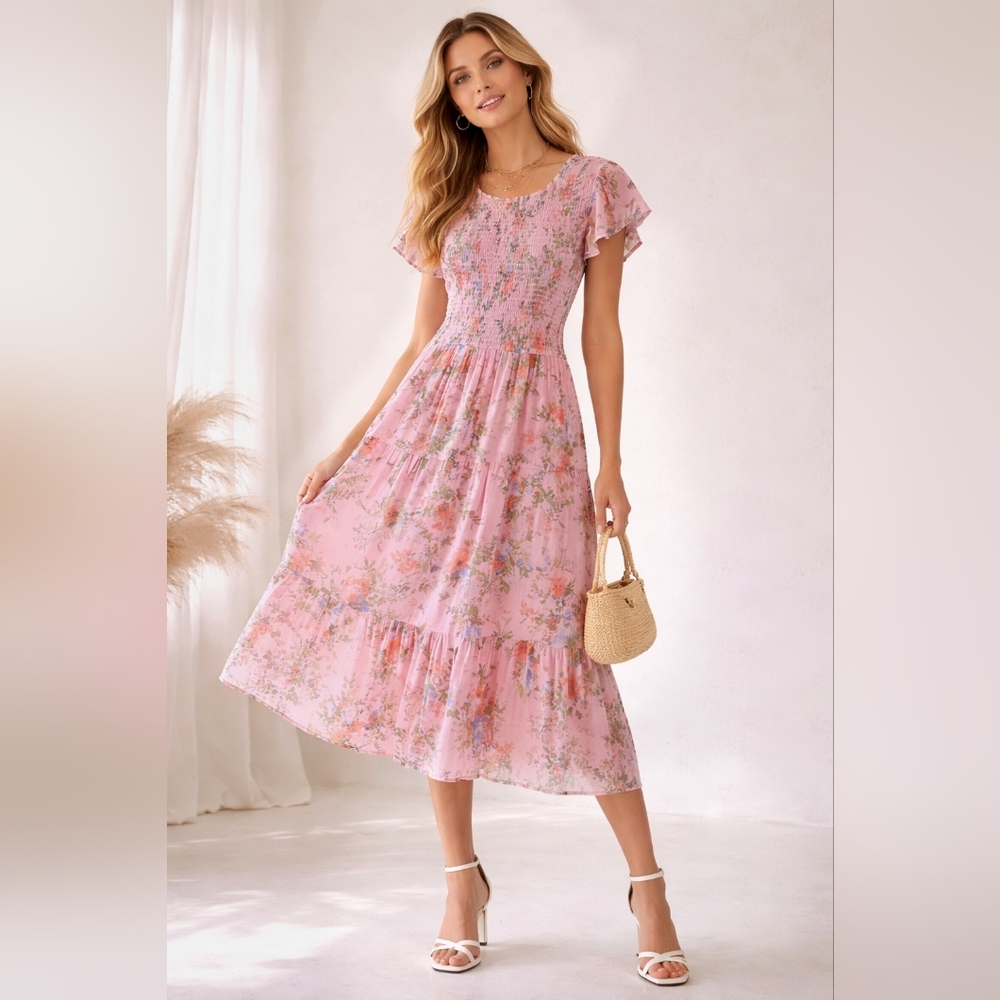 Cottagecore Pink Floral Smocked Midi Dress Romantic Summer Flowy
